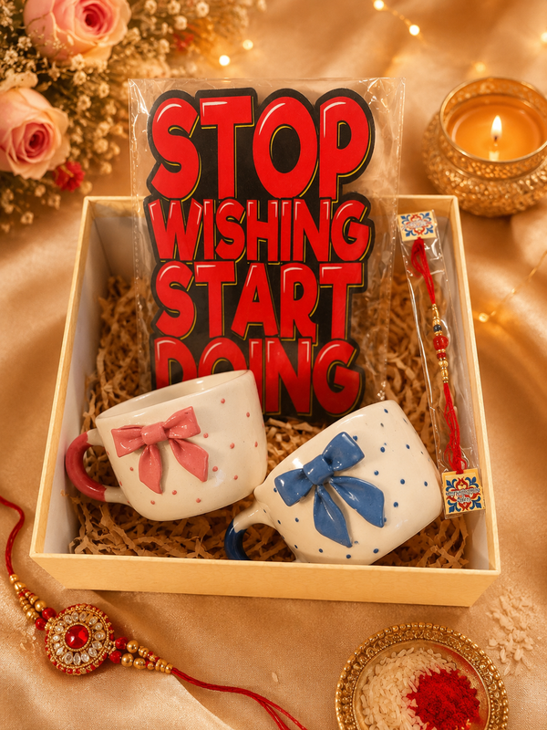 Bow Mug Rakhi Hamper with Motivational Wall Decor | Pink & Blue Ceramic Tea Cup Set for Brother & Sister