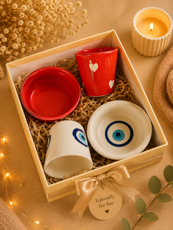 Evil Eye & Heart Ceramic Tea Cup & Snack Bowl Gift Set – Premium Gift Box (Set of 4)