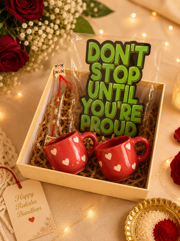 Red Heart Ceramic Mug Rakhi Hamper with Motivational Wall Décor & Designer Rakhi | Premium Raksha Bandhan Gift