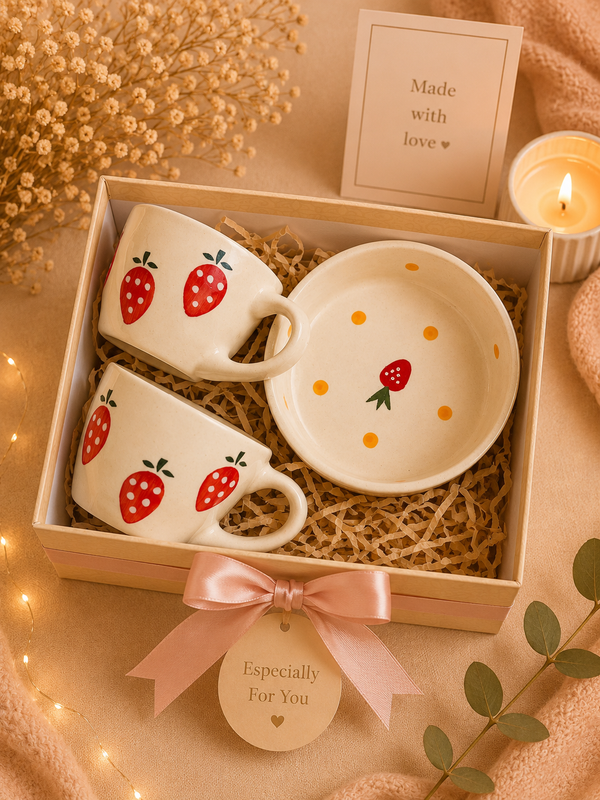 Strawberry Ceramic Mug & Bowl Gift Hamper | Premium Gift  (Set of 3)