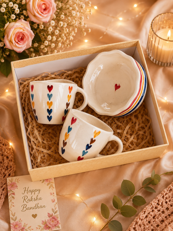 Heart Ceramic Rakhi Gift Hamper | 2 Coffee Mugs & 2 Snack Bowls