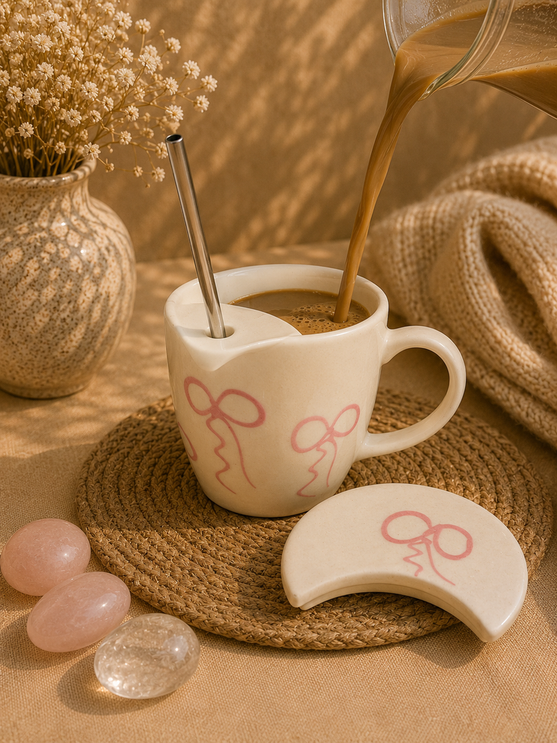 Pink Bow Ceramic Sipper Mug with Lid & Straw