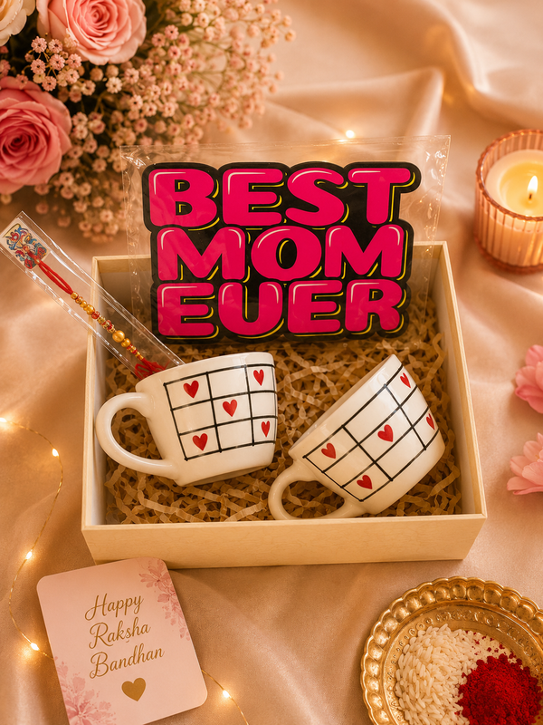 Best Mom Ever Rakhi Gift | Set of 2 Handmade Ceramic Coffee Cups with Decorative Wall Quote & Rakhi